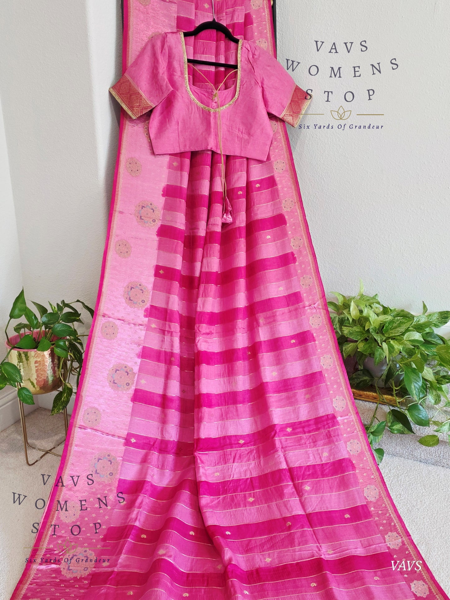 Pink Munga Banarasi Silk Saree with Stripes & Satin Border with Stitched Blouse