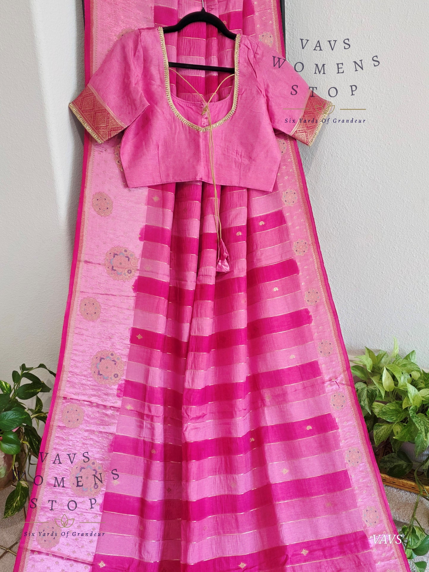 Pink Munga Banarasi Silk Saree with Stripes & Satin Border with Stitched Blouse