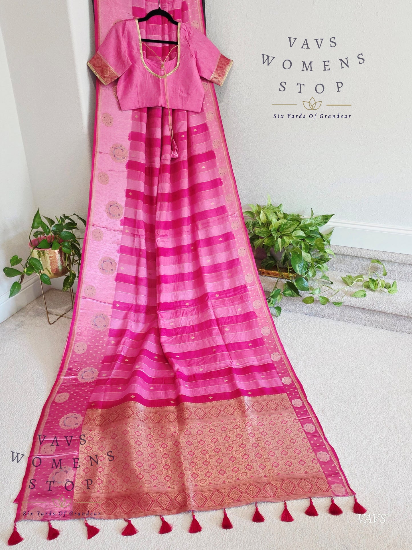 Pink Munga Banarasi Silk Saree with Stripes & Satin Border with Stitched Blouse