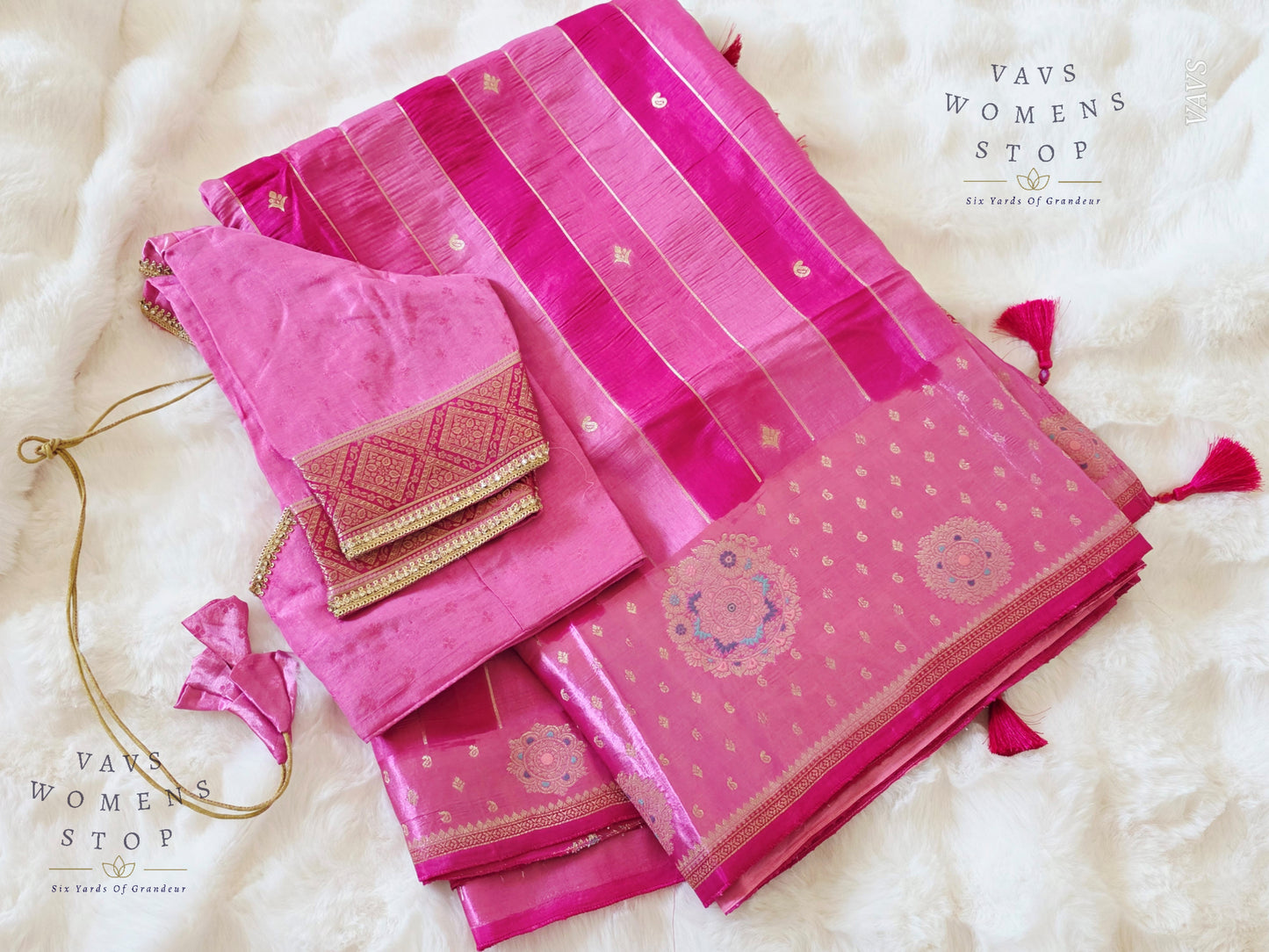 Pink Munga Banarasi Silk Saree with Stripes & Satin Border with Stitched Blouse