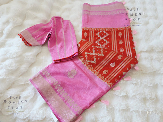 Contrast Color Combination Trending Design Linen Benarasi Silk Saree with Stitched Blouse
