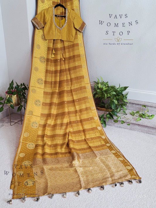 Munga Banarasi Silk Saree with Stripes & Satin Border with Stitched Blouse