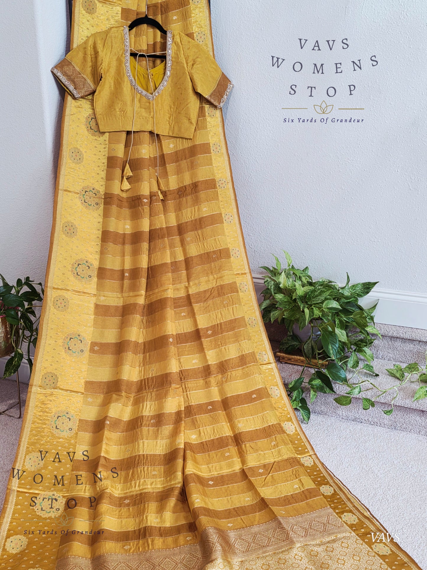 Munga Banarasi Silk Saree with Stripes & Satin Border with Stitched Blouse