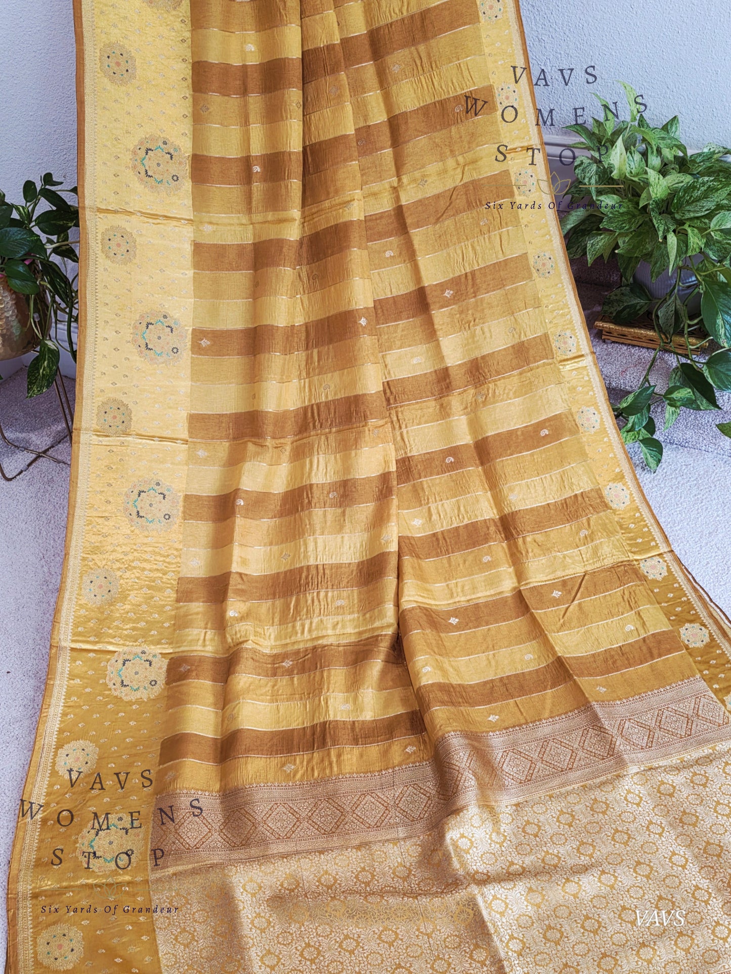 Munga Banarasi Silk Saree with Stripes & Satin Border with Stitched Blouse