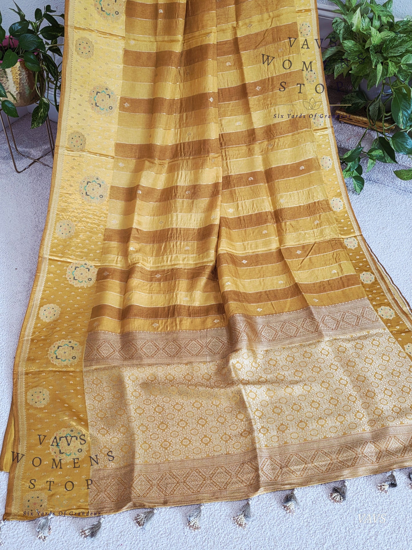 Munga Banarasi Silk Saree with Stripes & Satin Border with Stitched Blouse