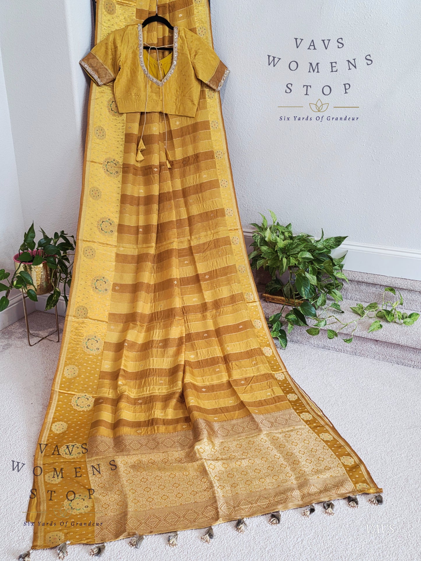 Munga Banarasi Silk Saree with Stripes & Satin Border with Stitched Blouse