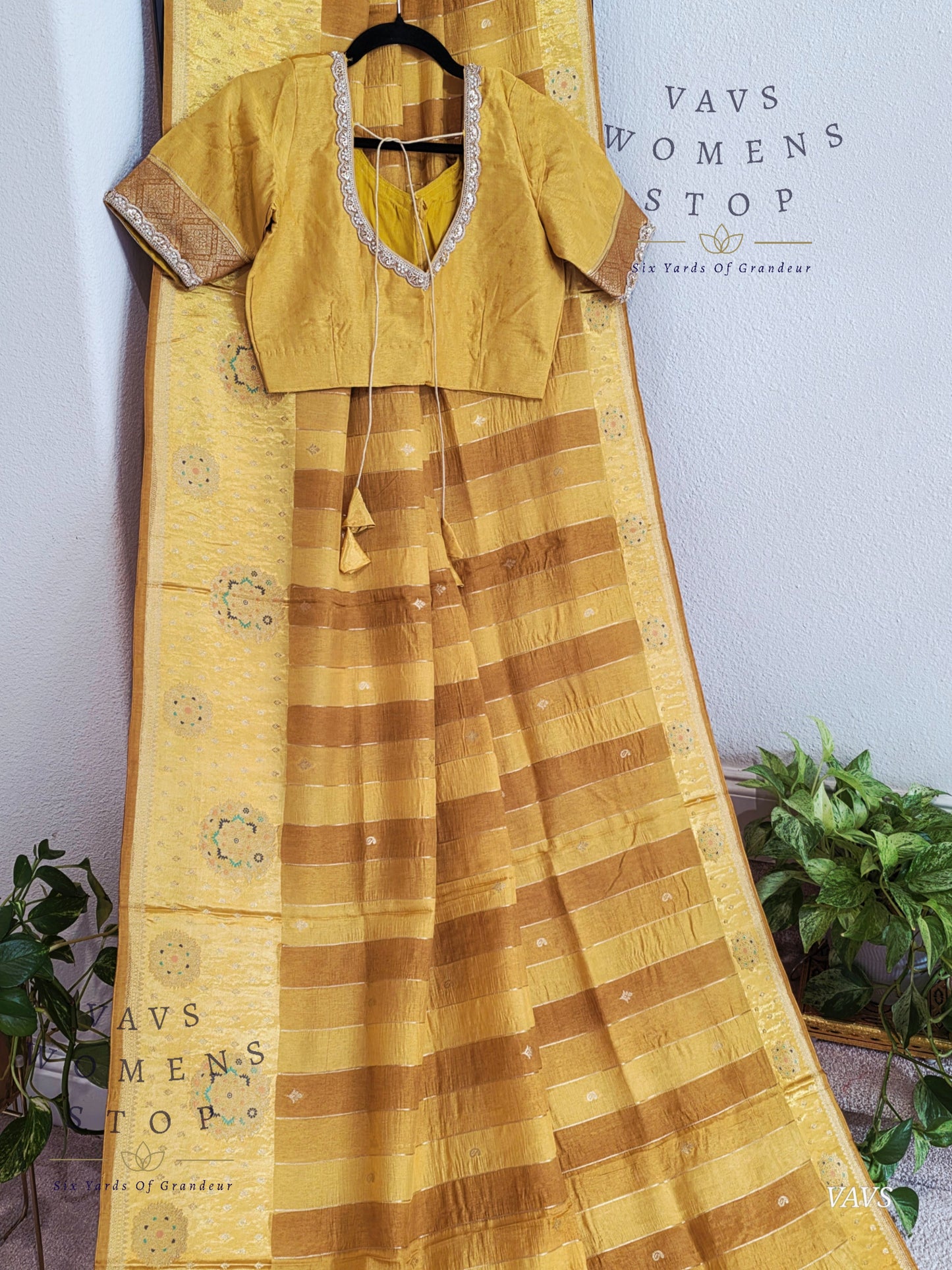 Munga Banarasi Silk Saree with Stripes & Satin Border with Stitched Blouse