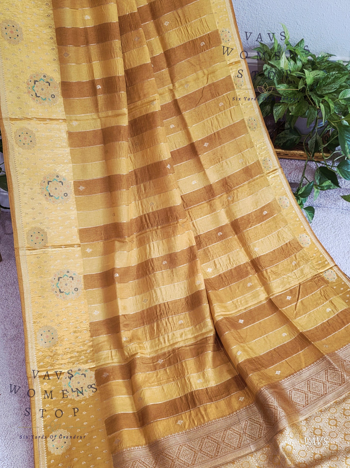 Munga Banarasi Silk Saree with Stripes & Satin Border with Stitched Blouse