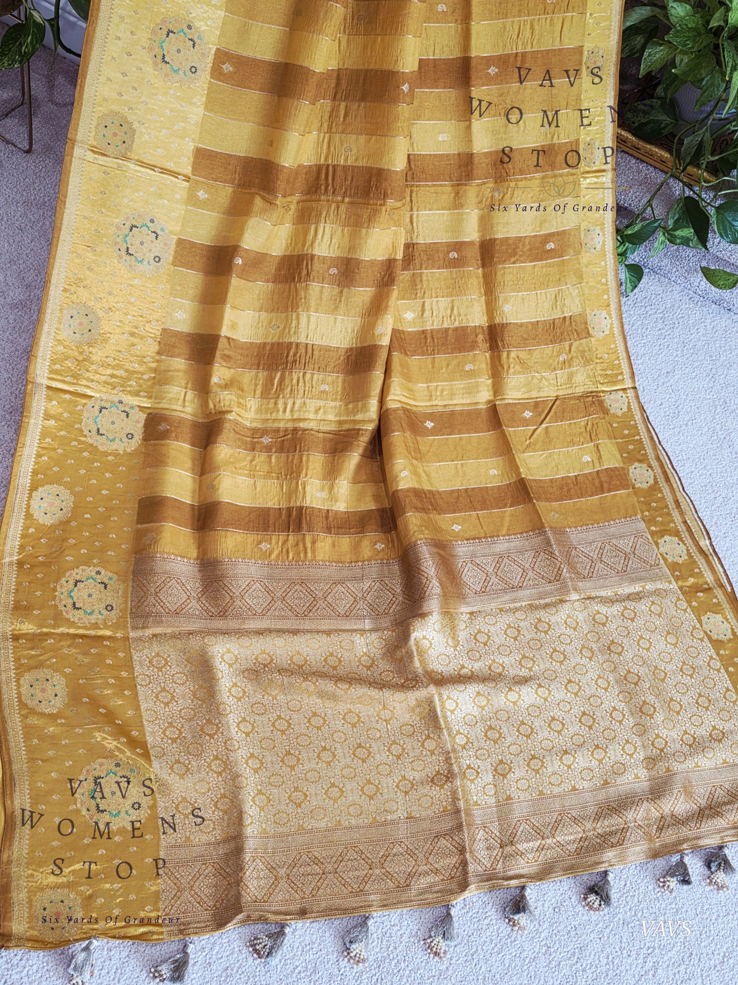 Munga Banarasi Silk Saree with Stripes & Satin Border with Stitched Blouse