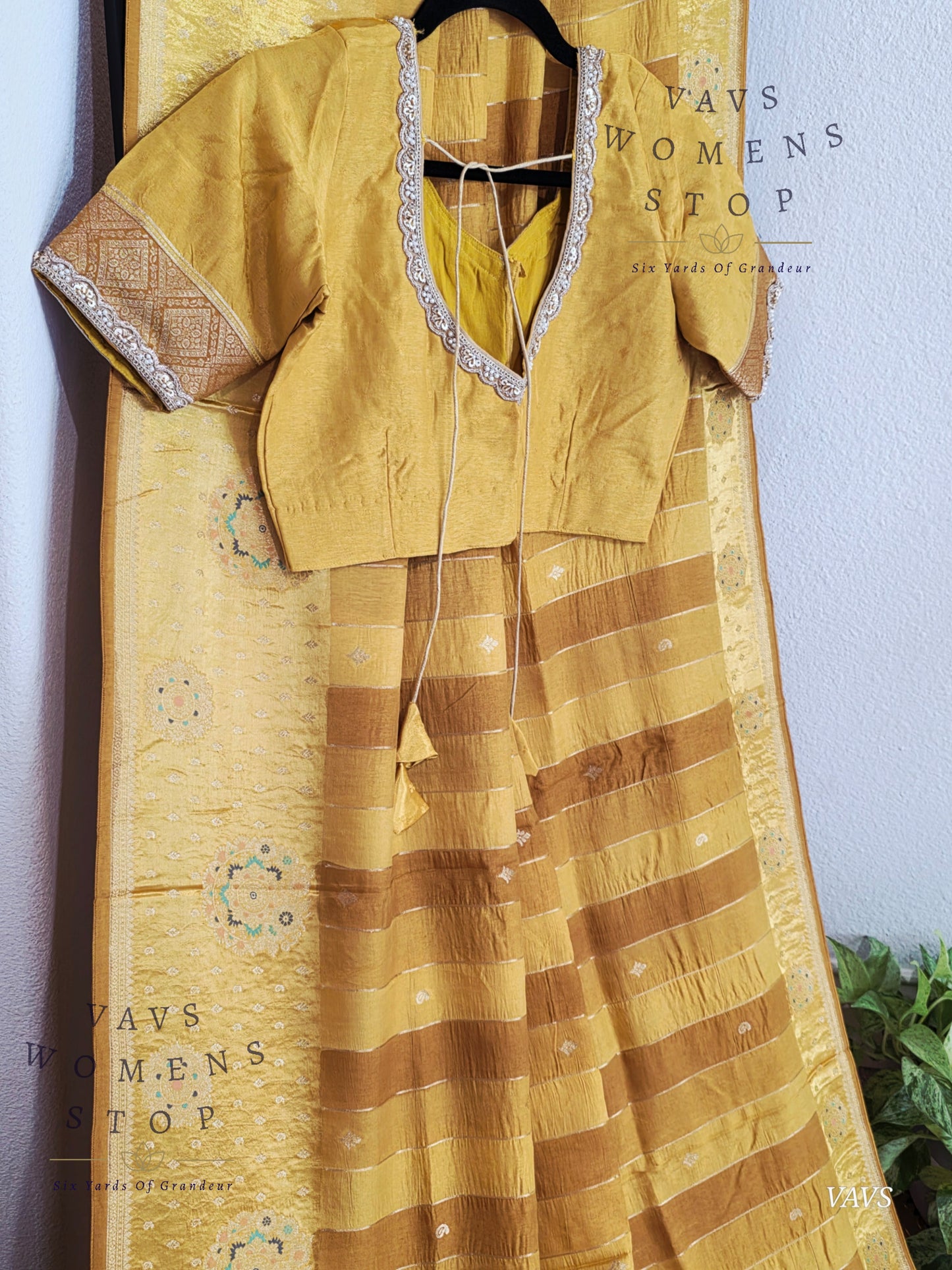 Munga Banarasi Silk Saree with Stripes & Satin Border with Stitched Blouse