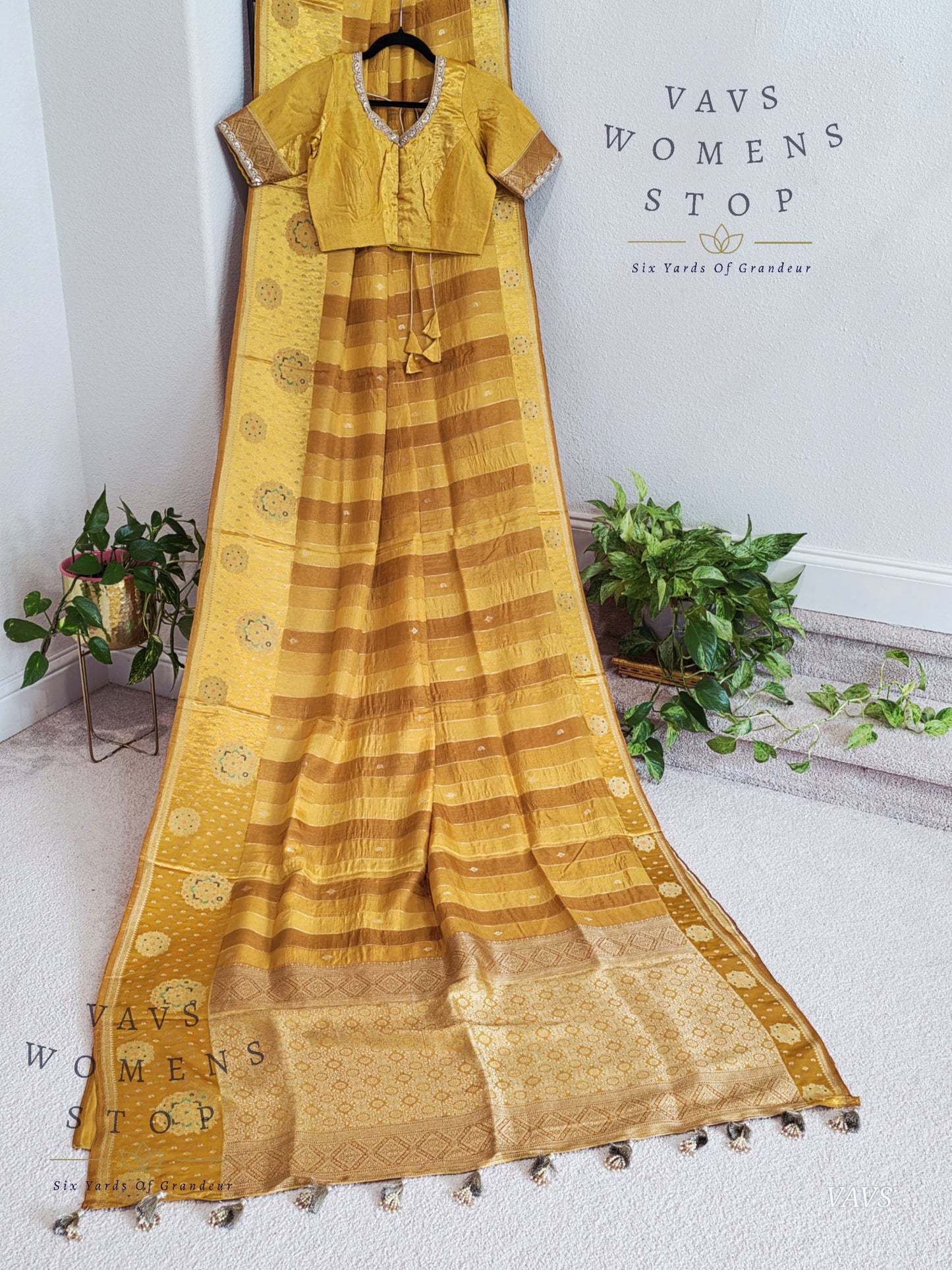 Munga Banarasi Silk Saree with Stripes & Satin Border with Stitched Blouse