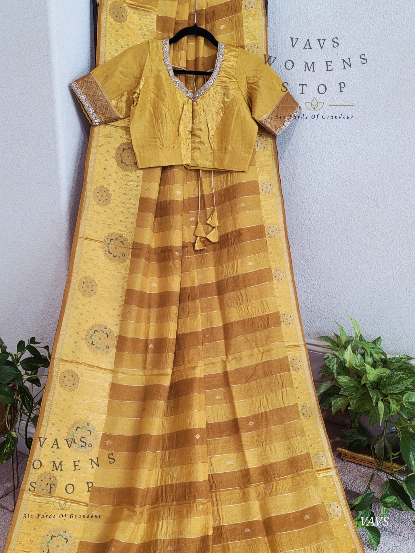 Munga Banarasi Silk Saree with Stripes & Satin Border with Stitched Blouse