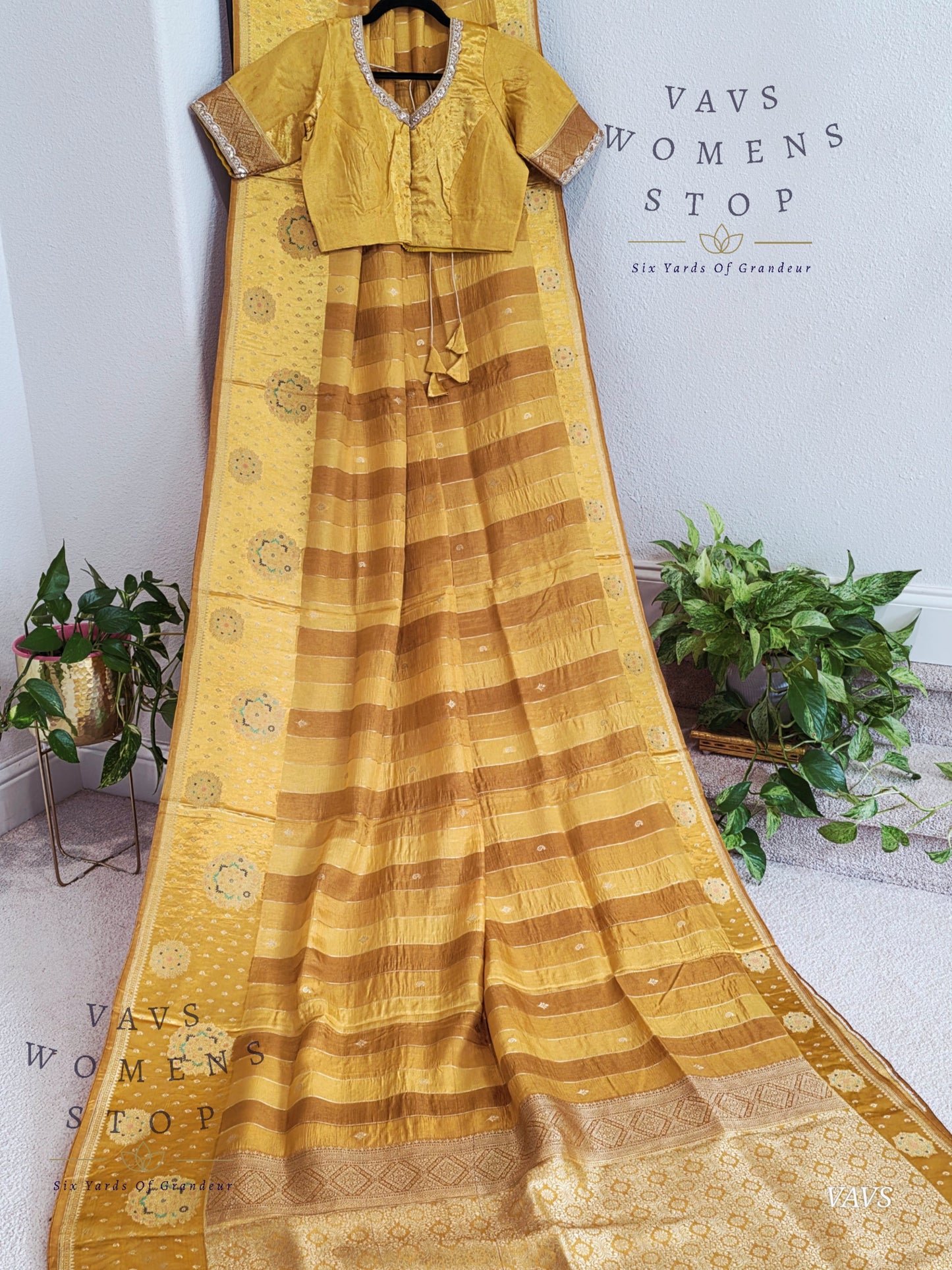 Munga Banarasi Silk Saree with Stripes & Satin Border with Stitched Blouse
