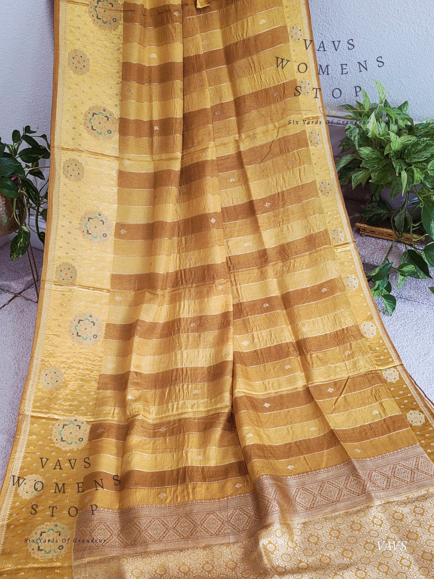 Munga Banarasi Silk Saree with Stripes & Satin Border with Stitched Blouse