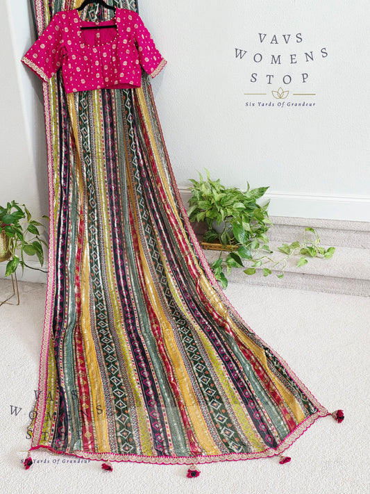 Viscose Georgette Designer Striped Saree with Lace Border with Stitched Blouse