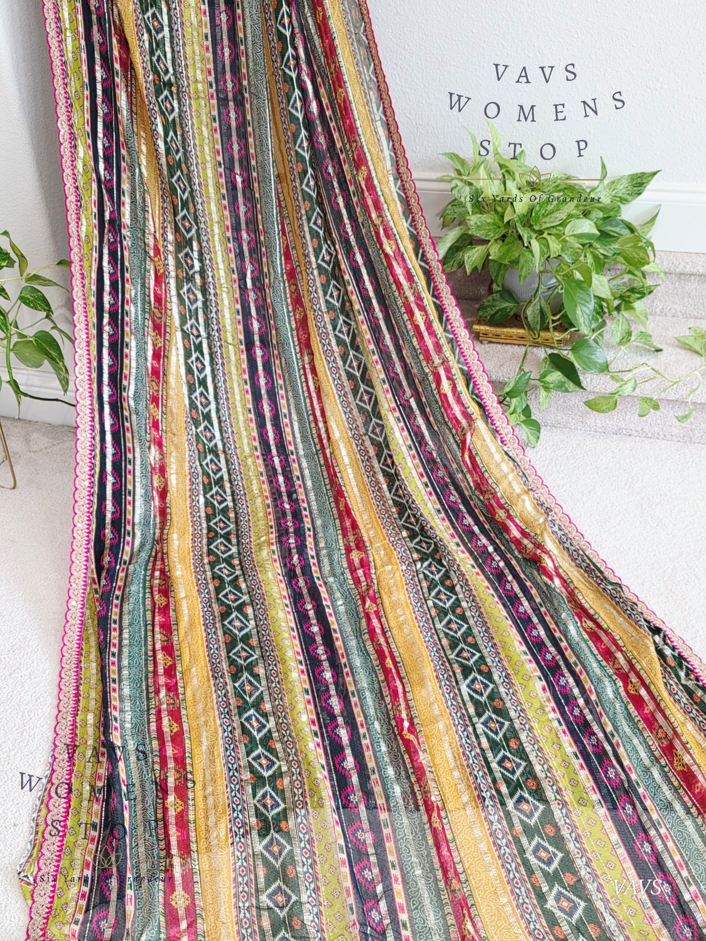 Viscose Georgette Designer Striped Saree with Lace Border with Stitched Blouse