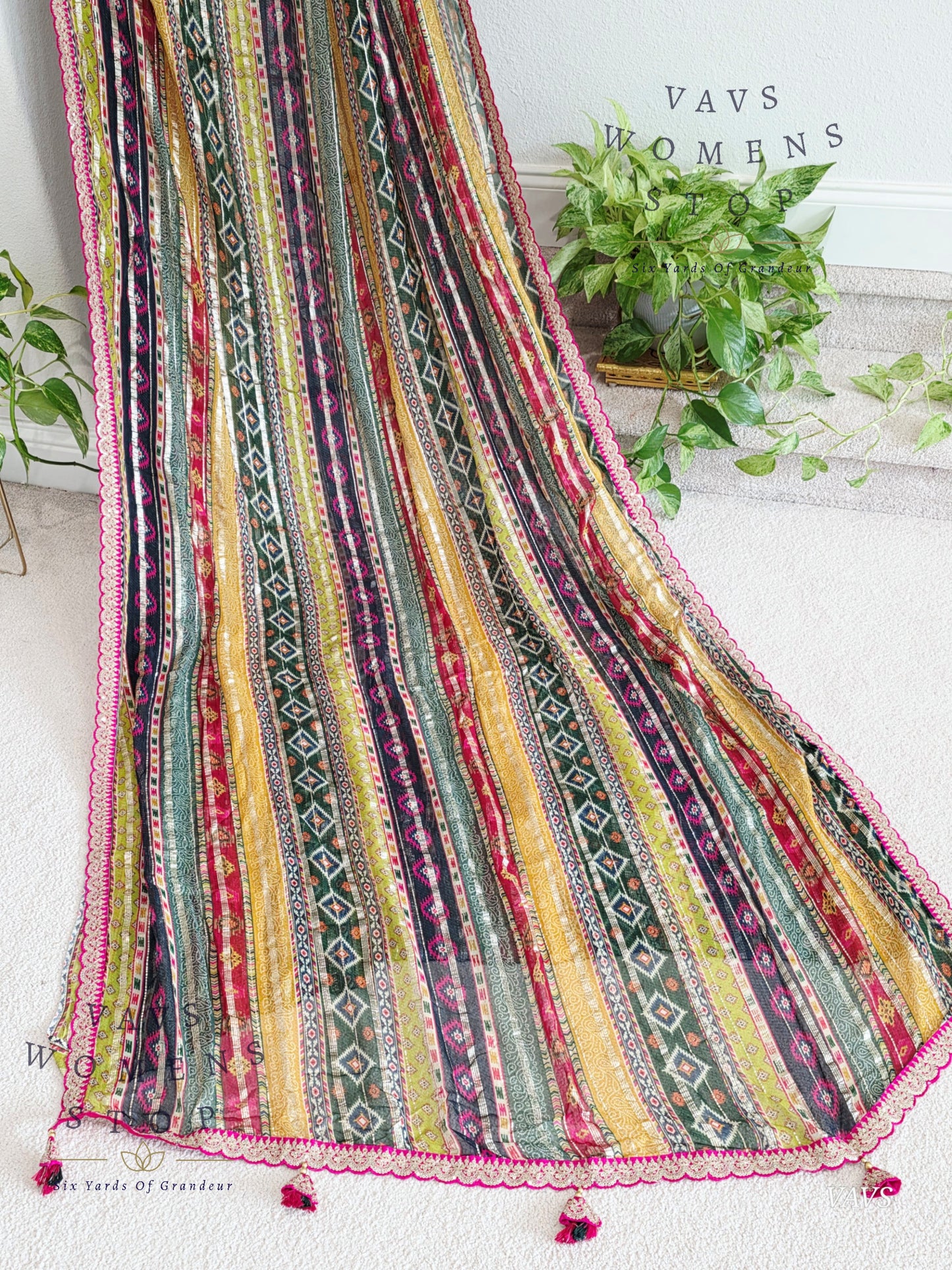 Viscose Georgette Designer Striped Saree with Lace Border with Stitched Blouse