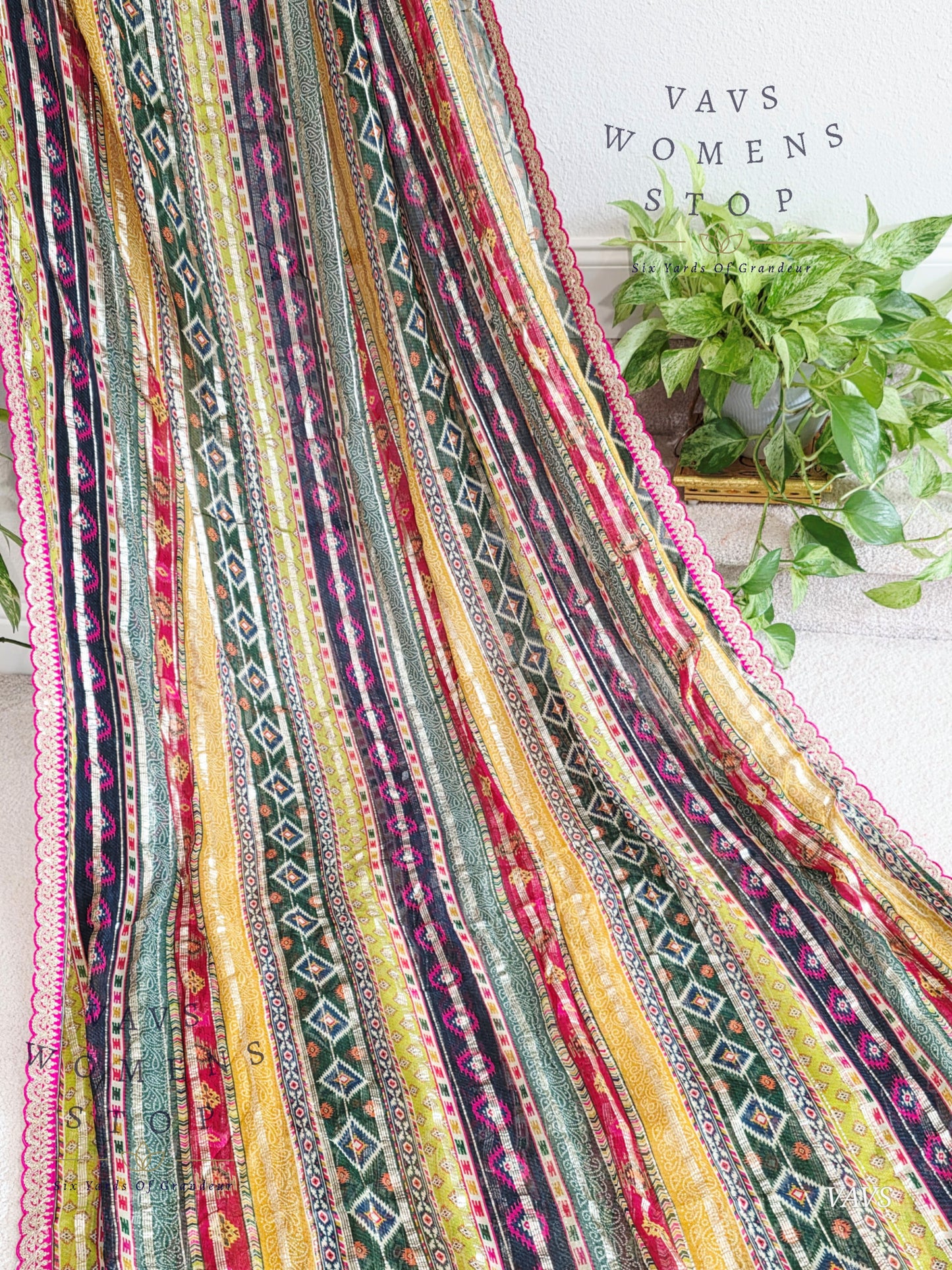 Viscose Georgette Designer Striped Saree with Lace Border with Stitched Blouse