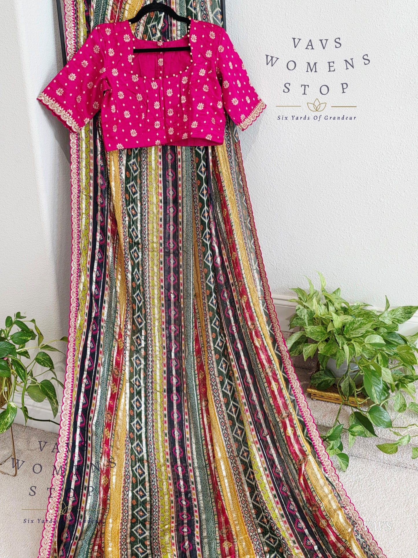 Viscose Georgette Designer Striped Saree with Lace Border with Stitched Blouse