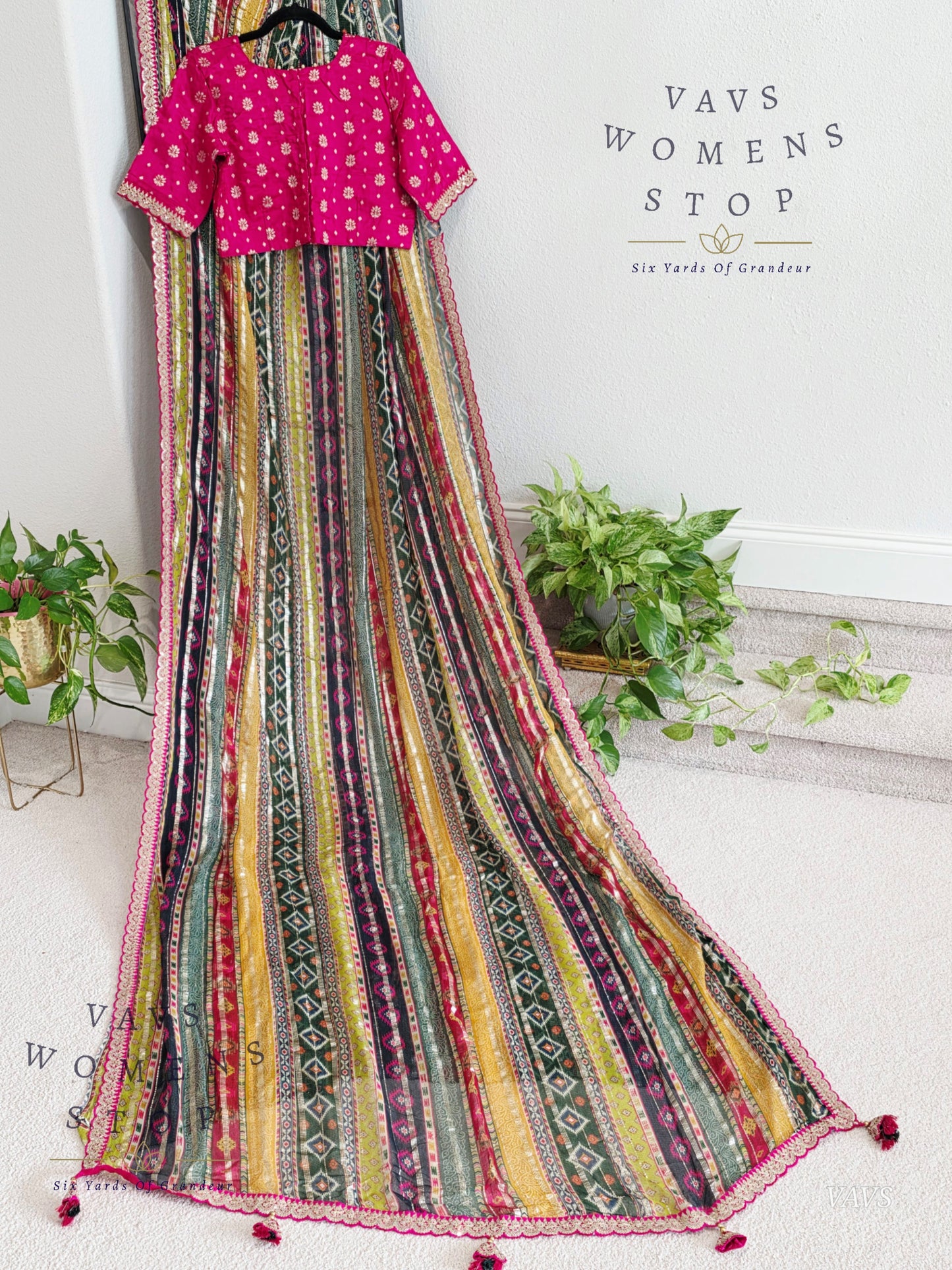 Viscose Georgette Designer Striped Saree with Lace Border with Stitched Blouse
