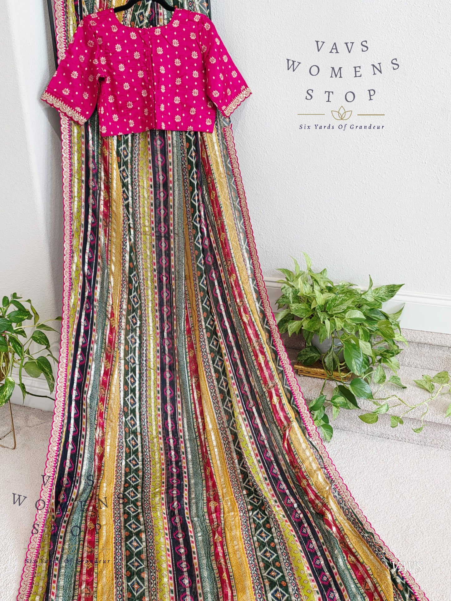 Viscose Georgette Designer Striped Saree with Lace Border with Stitched Blouse