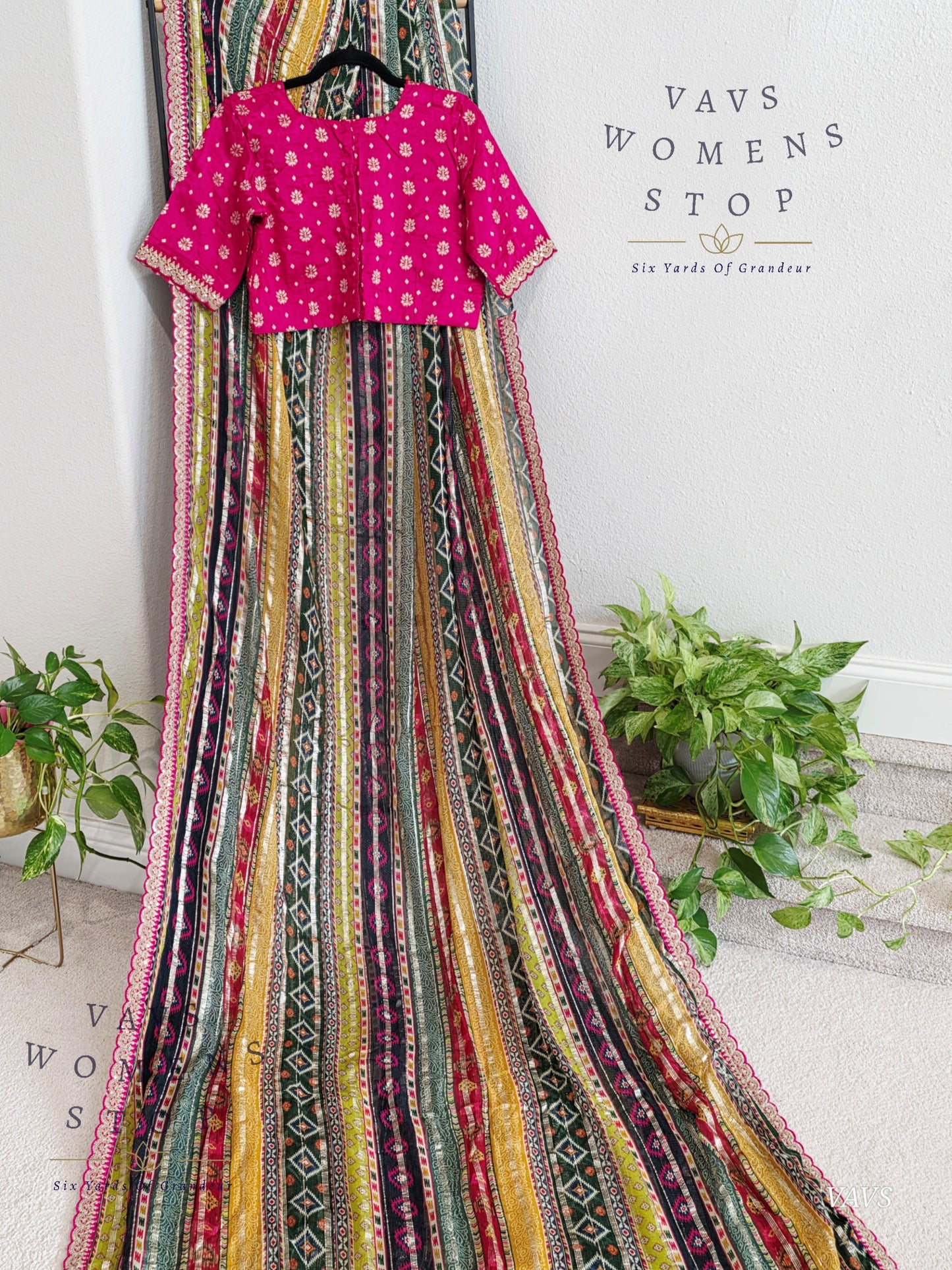 Viscose Georgette Designer Striped Saree with Lace Border with Stitched Blouse