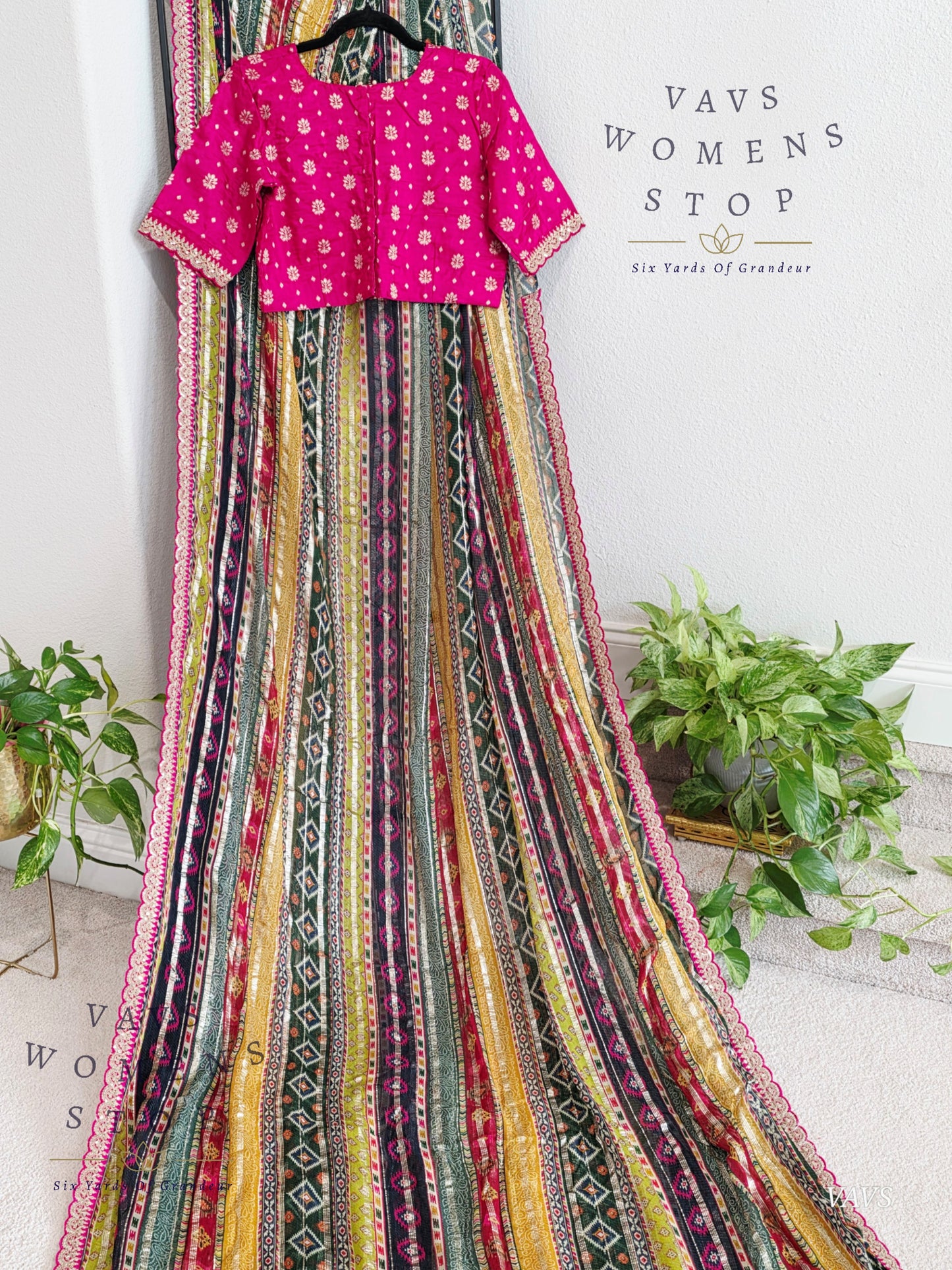 Viscose Georgette Designer Striped Saree with Lace Border with Stitched Blouse