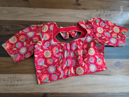Red Tussar Raw Silk Floral Embroidered Blouse