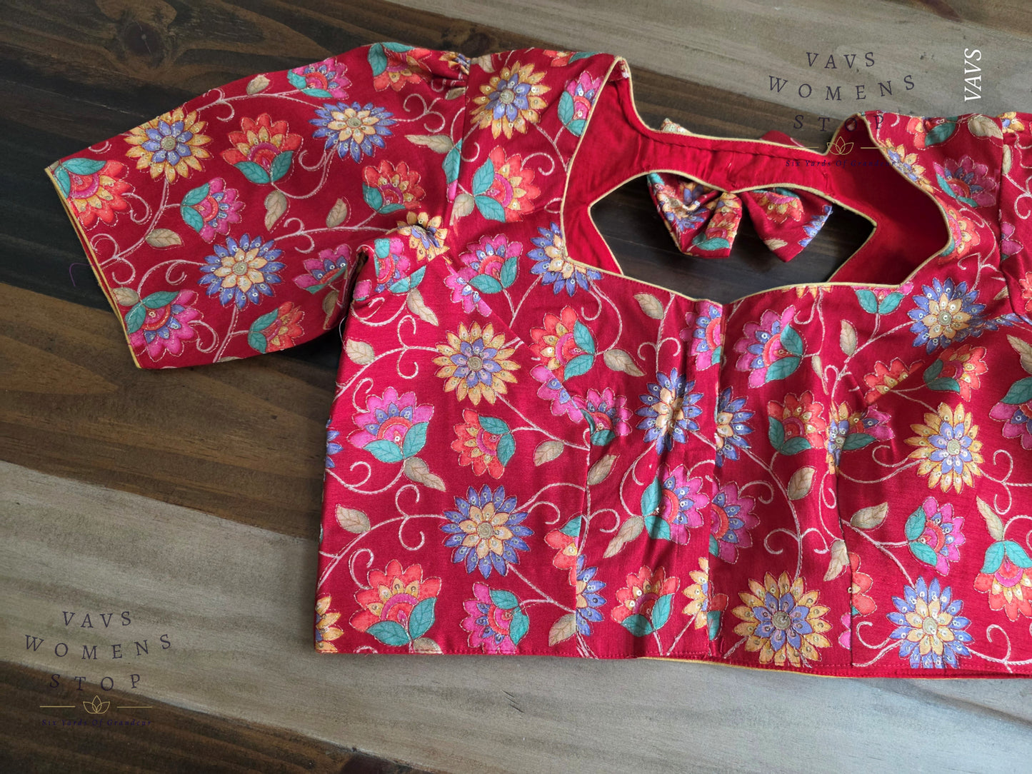 Red Tussar Raw Silk Floral Embroidered Blouse
