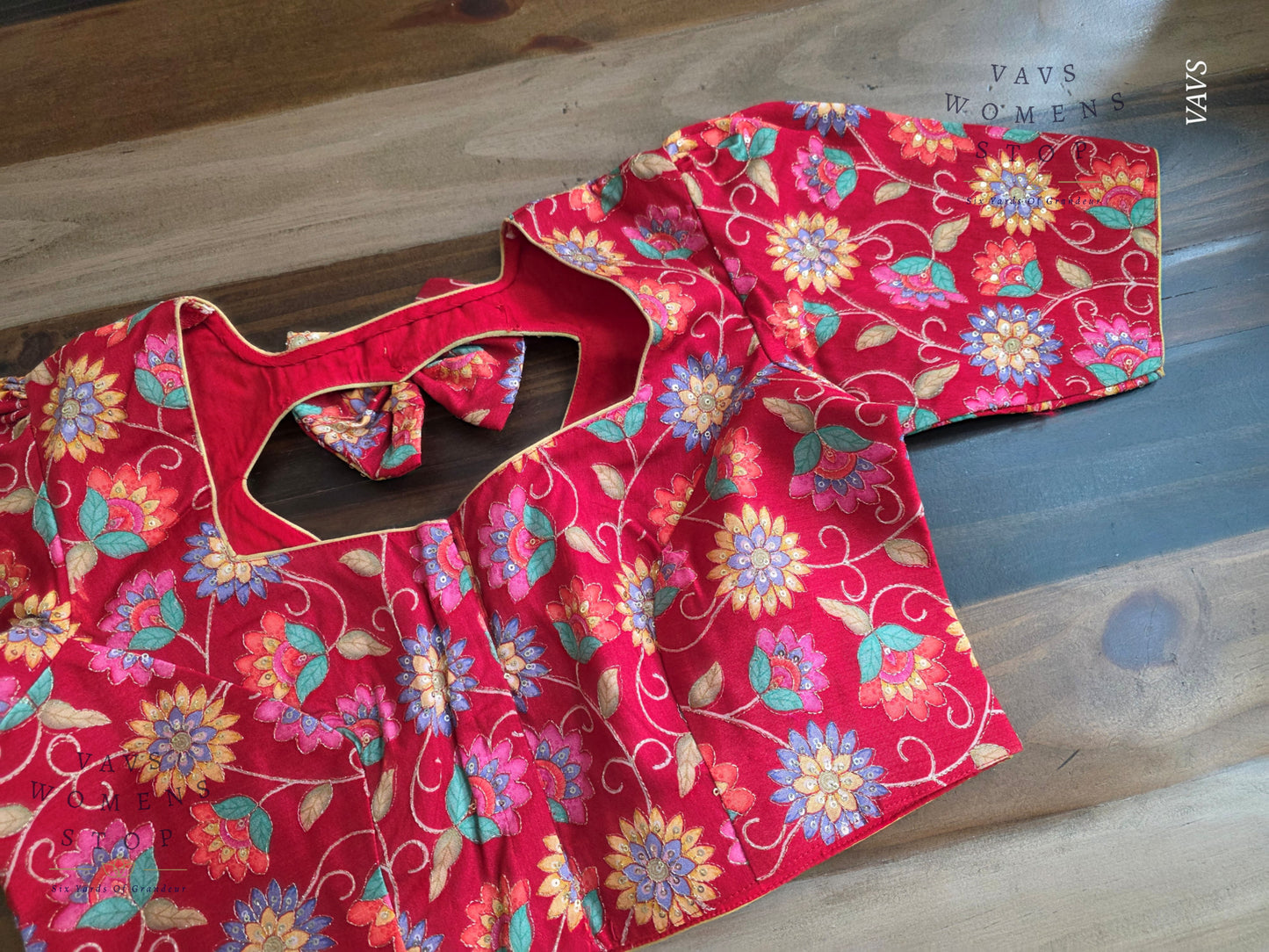 Red Tussar Raw Silk Floral Embroidered Blouse