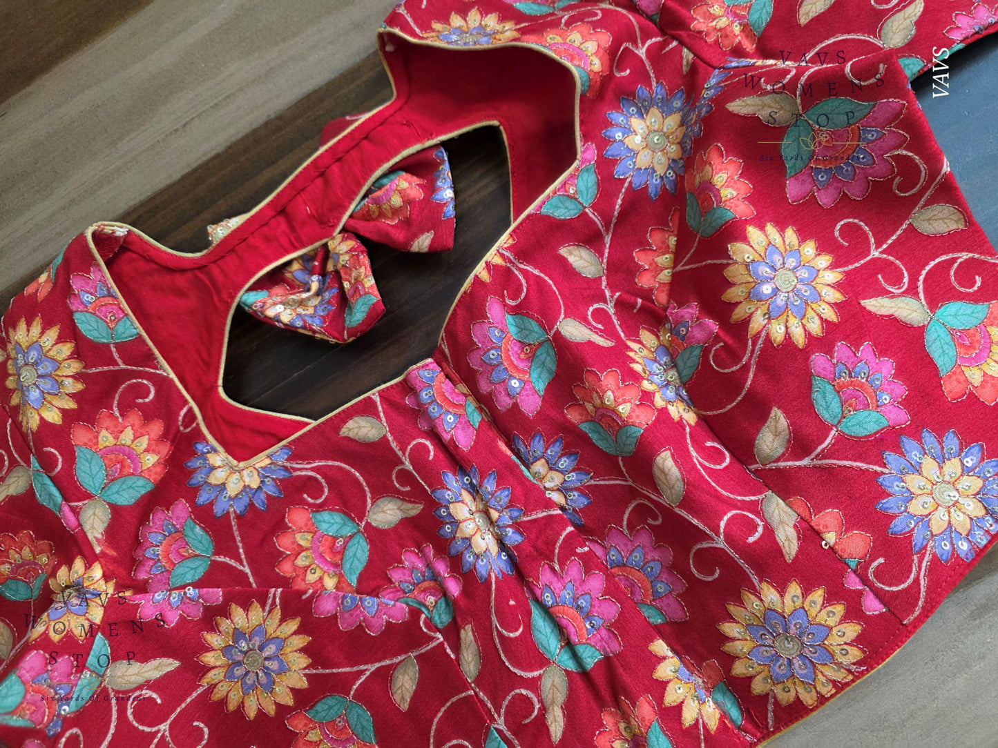 Red Tussar Raw Silk Floral Embroidered Blouse