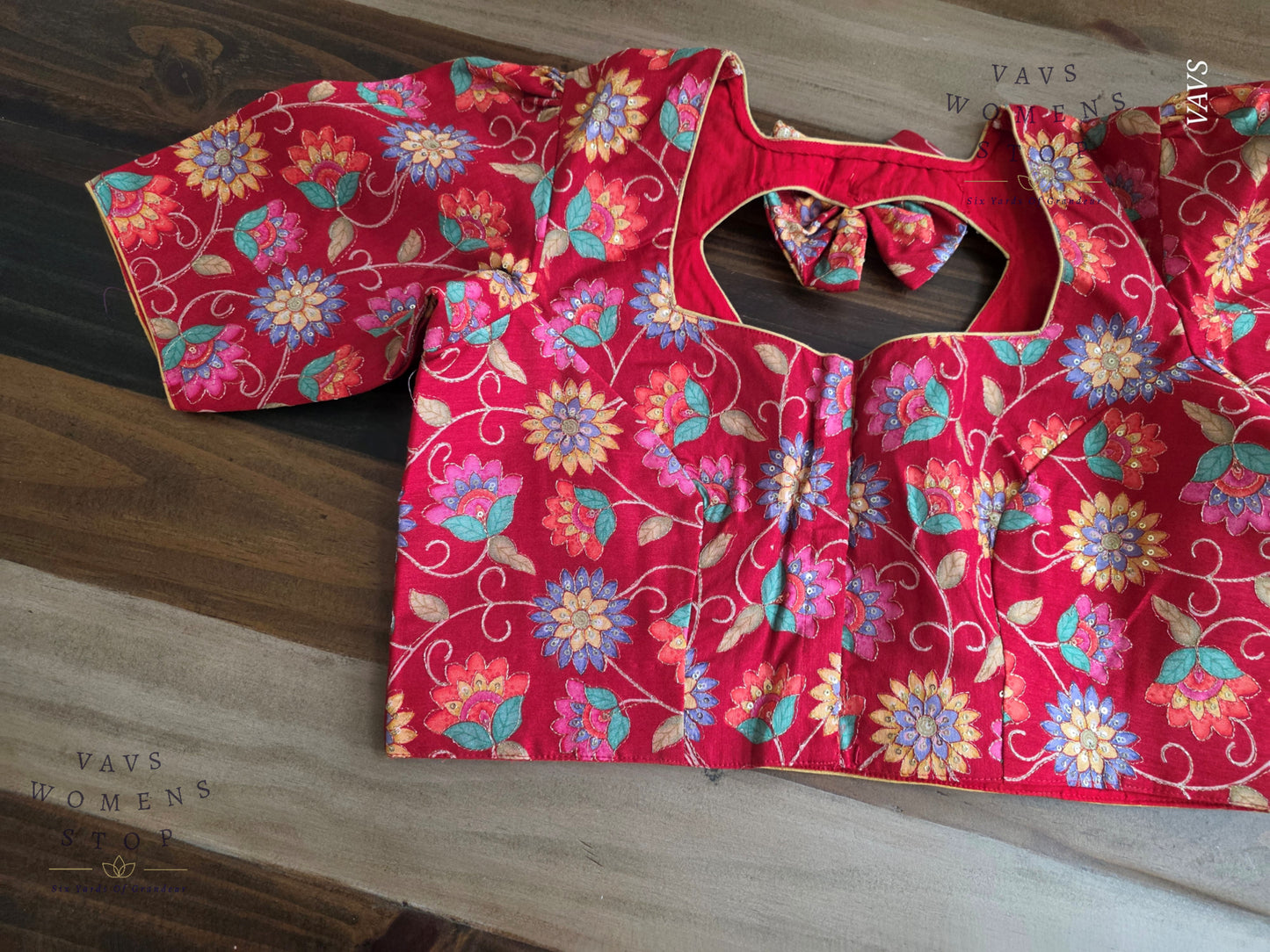 Red Tussar Raw Silk Floral Embroidered Blouse