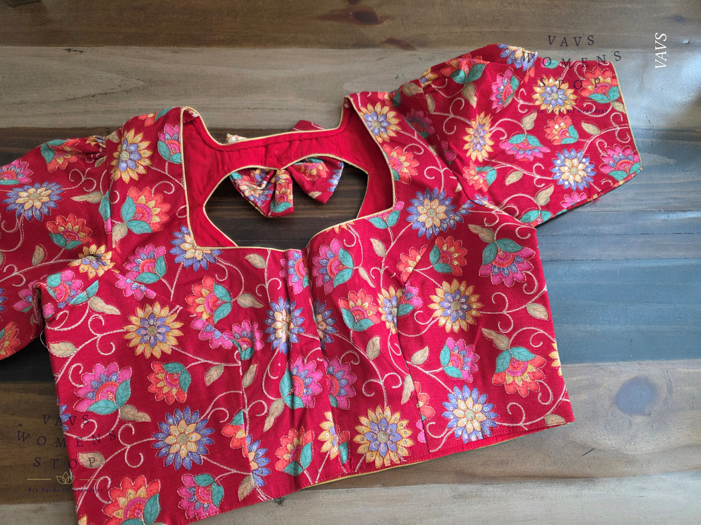 Red Tussar Raw Silk Floral Embroidered Blouse