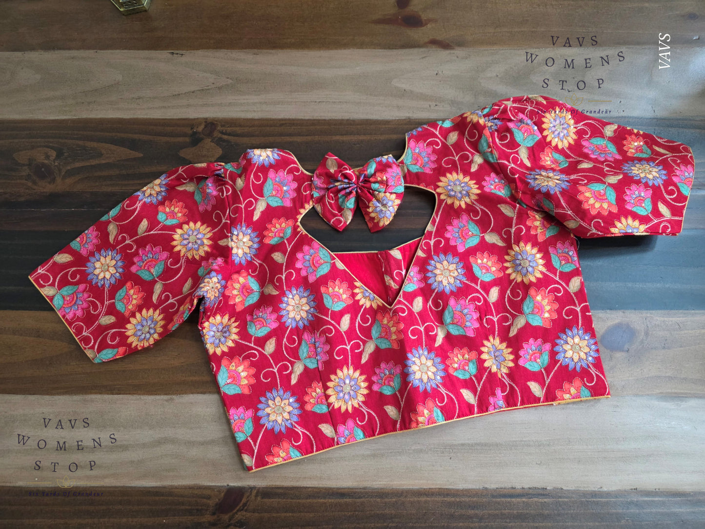 Red Tussar Raw Silk Floral Embroidered Blouse