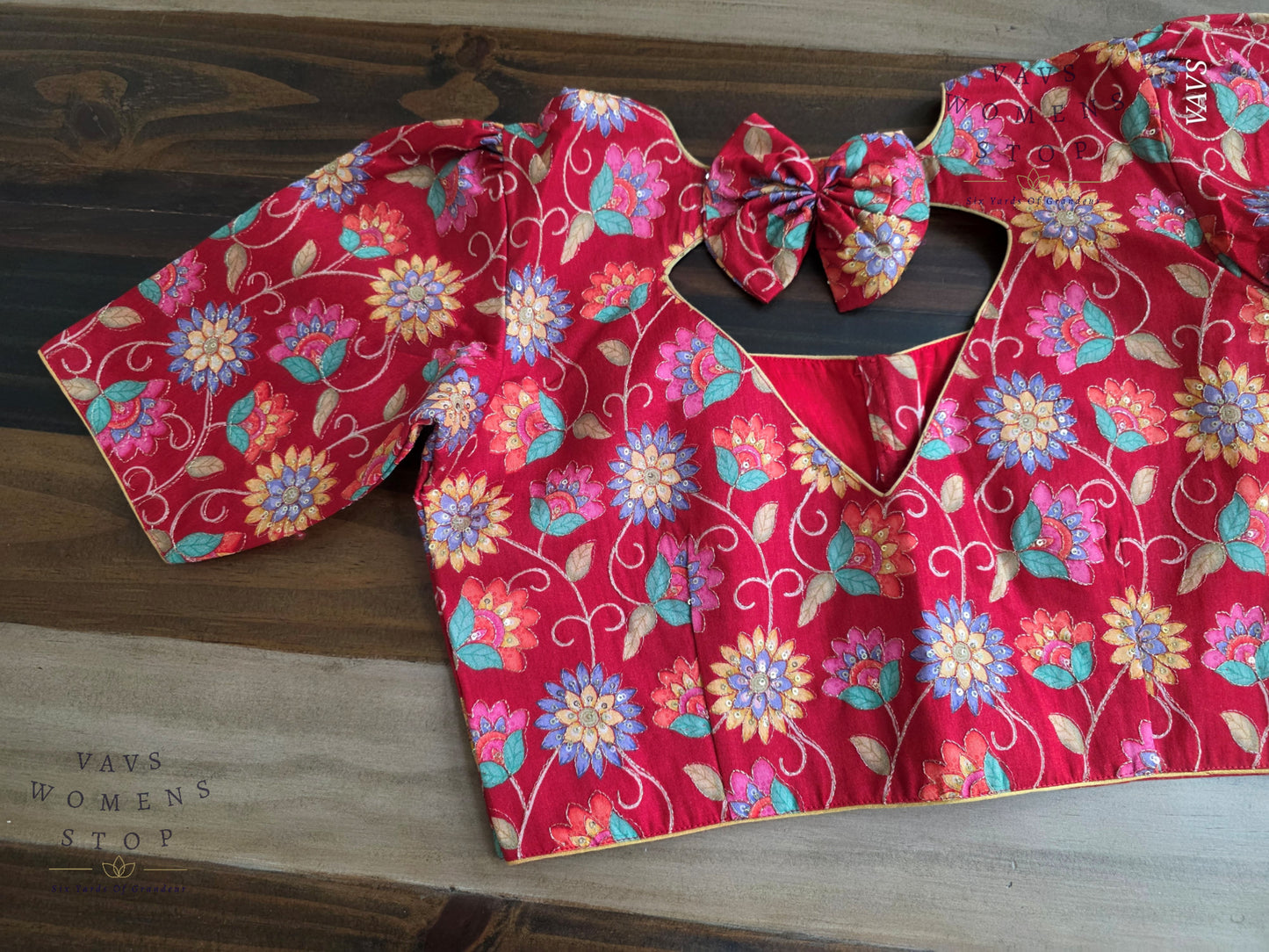 Red Tussar Raw Silk Floral Embroidered Blouse