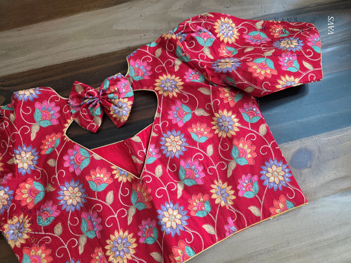 Red Tussar Raw Silk Floral Embroidered Blouse