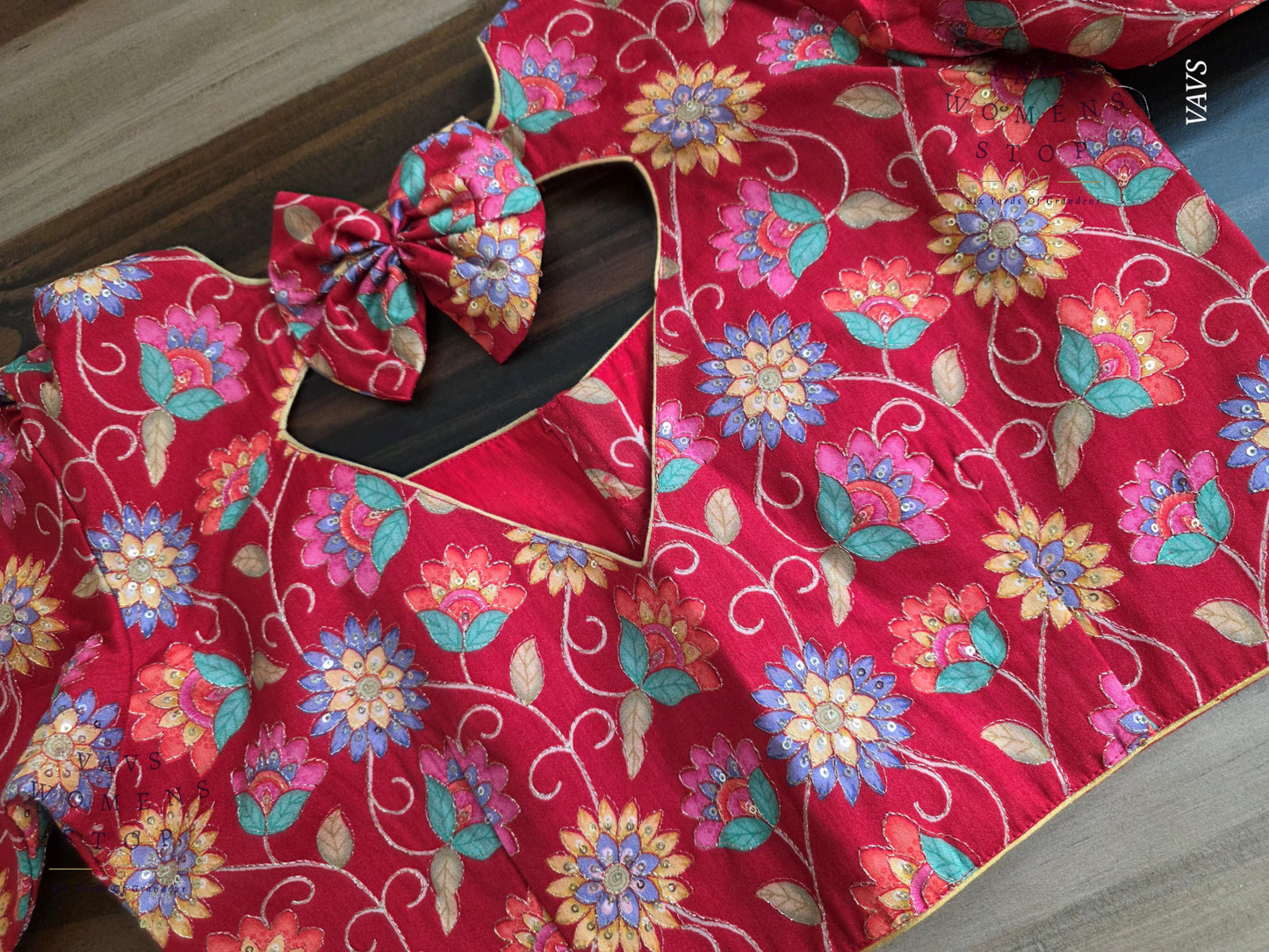 Red Tussar Raw Silk Floral Embroidered Blouse