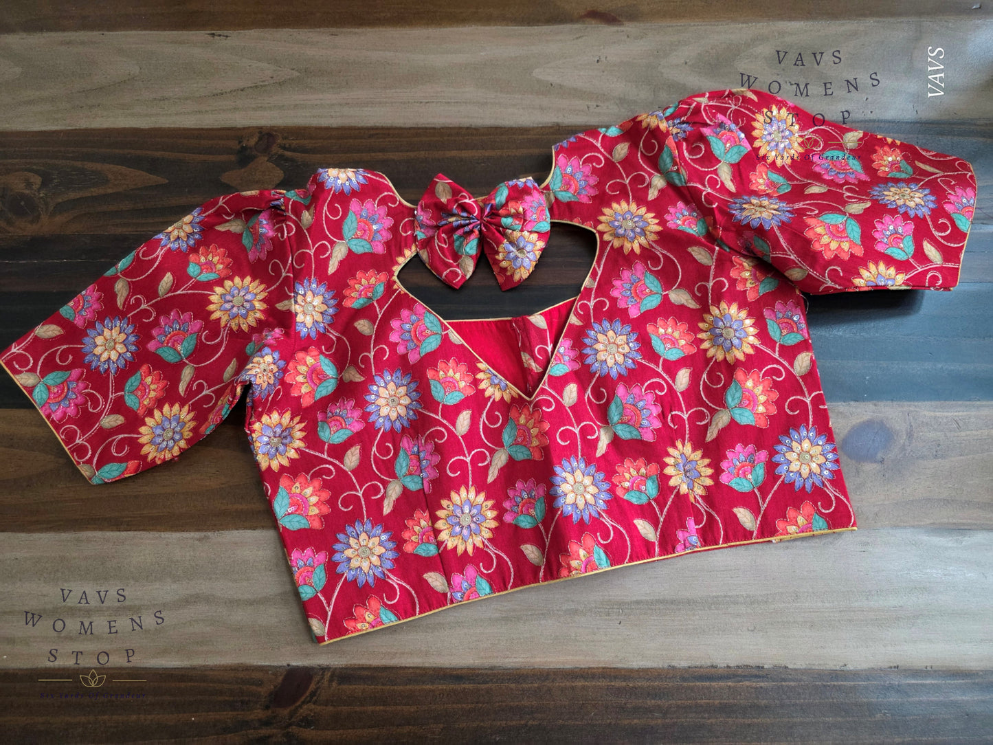 Red Tussar Raw Silk Floral Embroidered Blouse