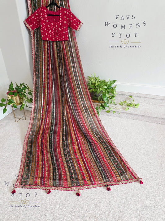 Viscose Georgette Designer Striped Saree with Lace Border with Stitched Blouse