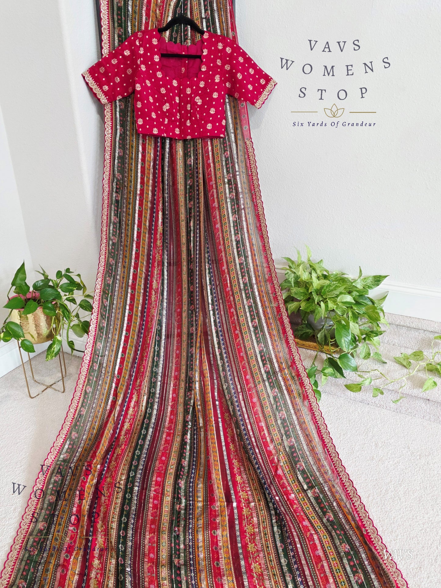 Viscose Georgette Designer Striped Saree with Lace Border with Stitched Blouse