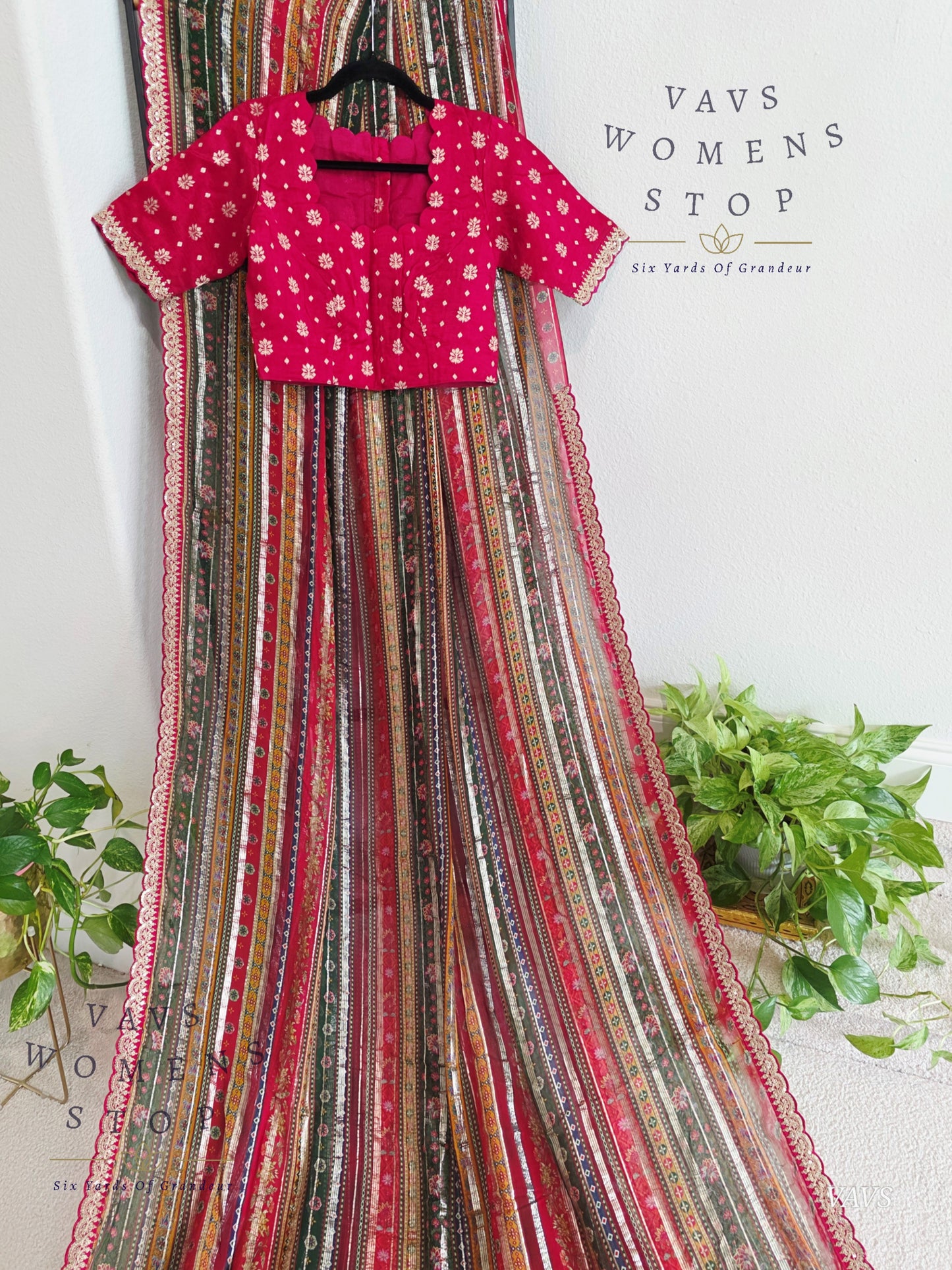 Viscose Georgette Designer Striped Saree with Lace Border with Stitched Blouse