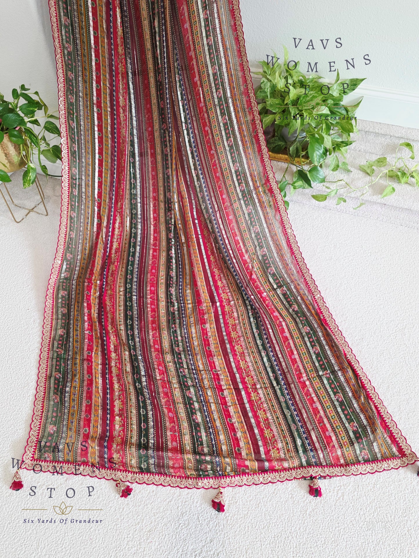 Viscose Georgette Designer Striped Saree with Lace Border with Stitched Blouse