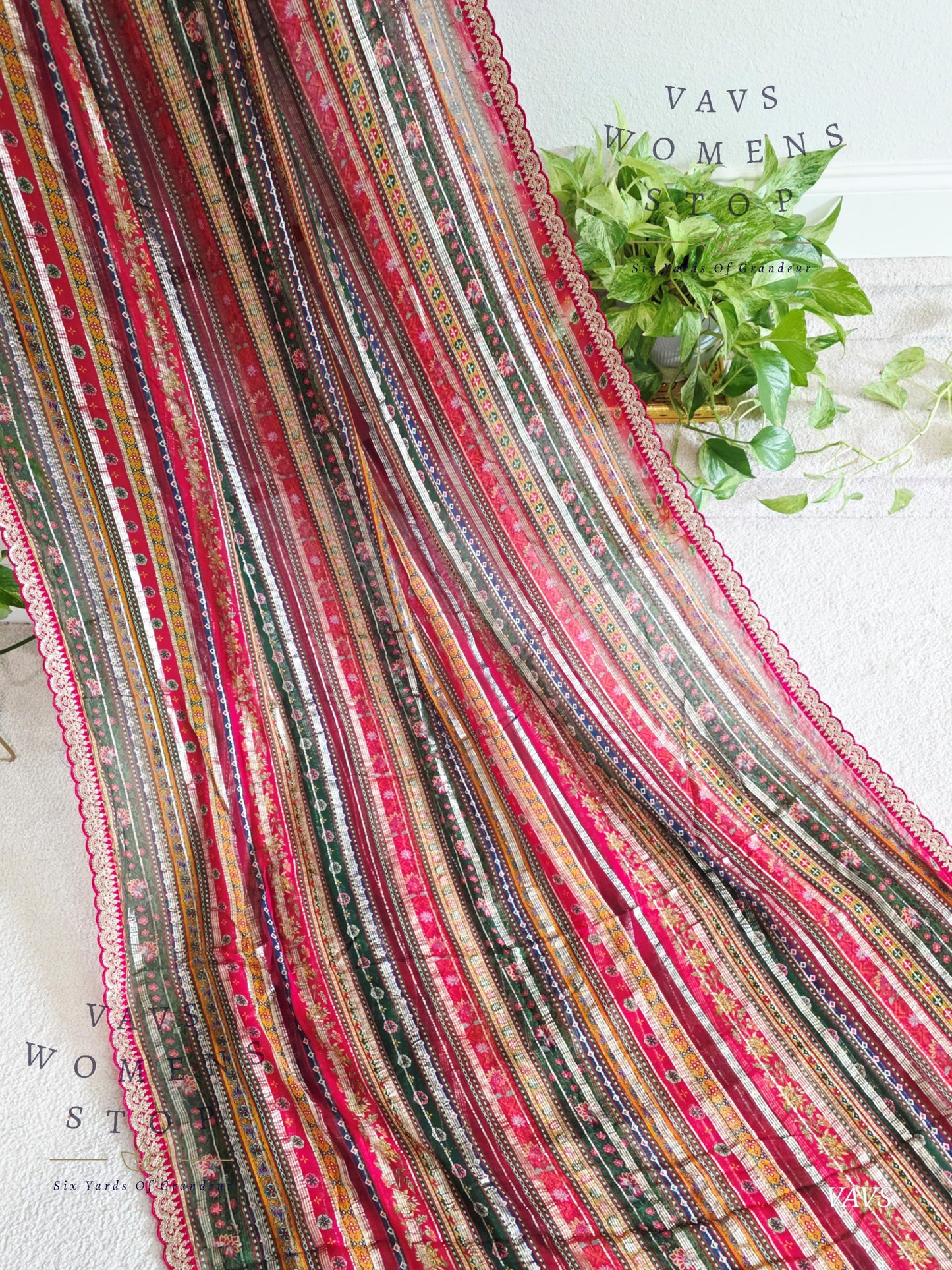Viscose Georgette Designer Striped Saree with Lace Border with Stitched Blouse