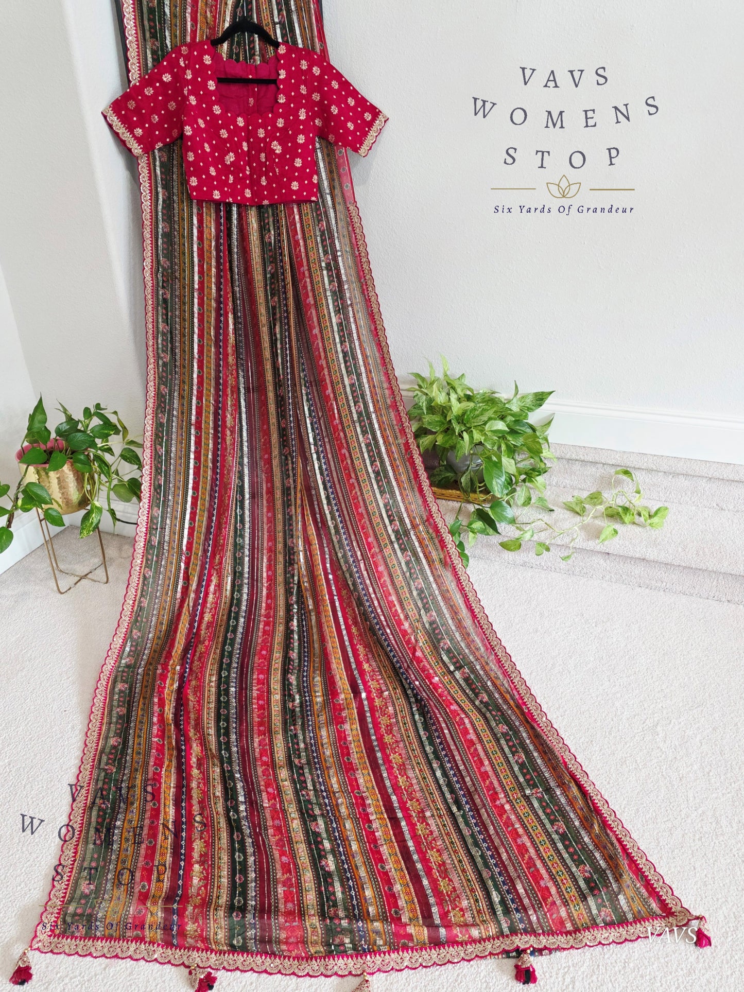 Viscose Georgette Designer Striped Saree with Lace Border with Stitched Blouse