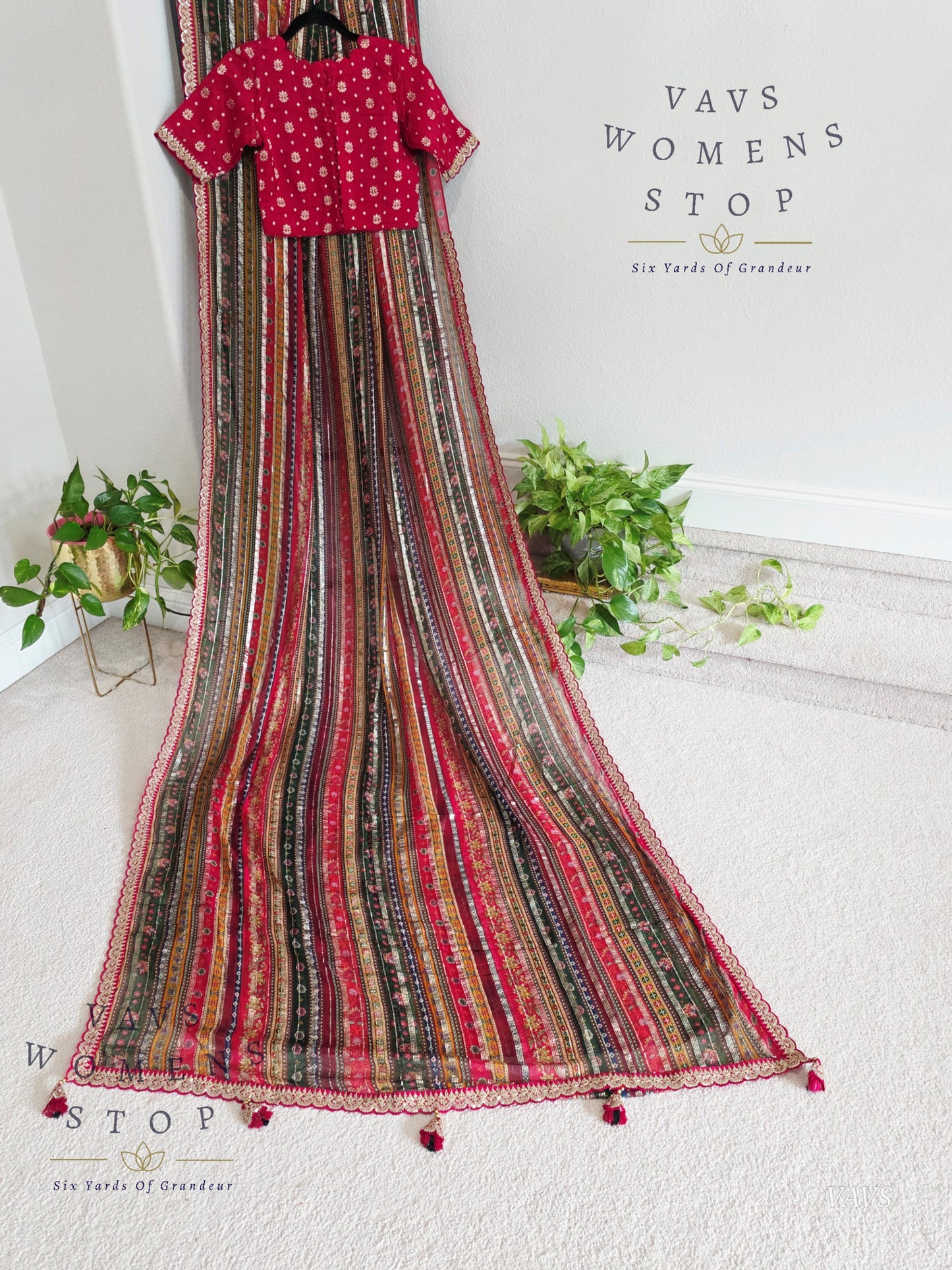 Viscose Georgette Designer Striped Saree with Lace Border with Stitched Blouse