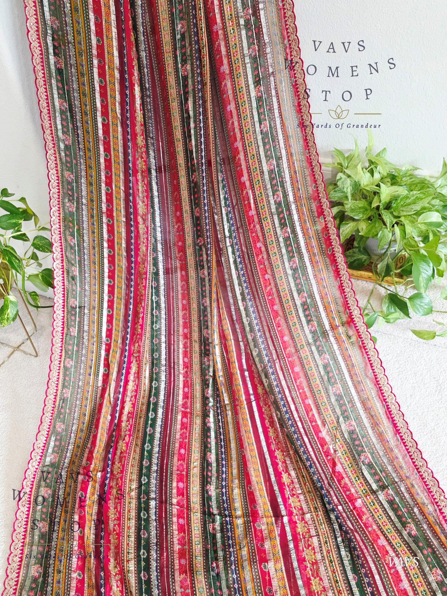 Viscose Georgette Designer Striped Saree with Lace Border with Stitched Blouse