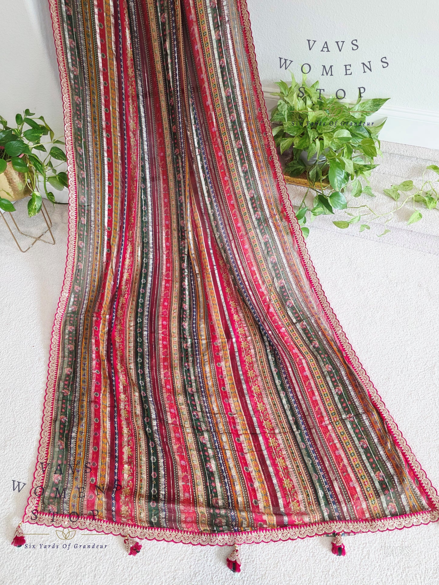 Viscose Georgette Designer Striped Saree with Lace Border with Stitched Blouse