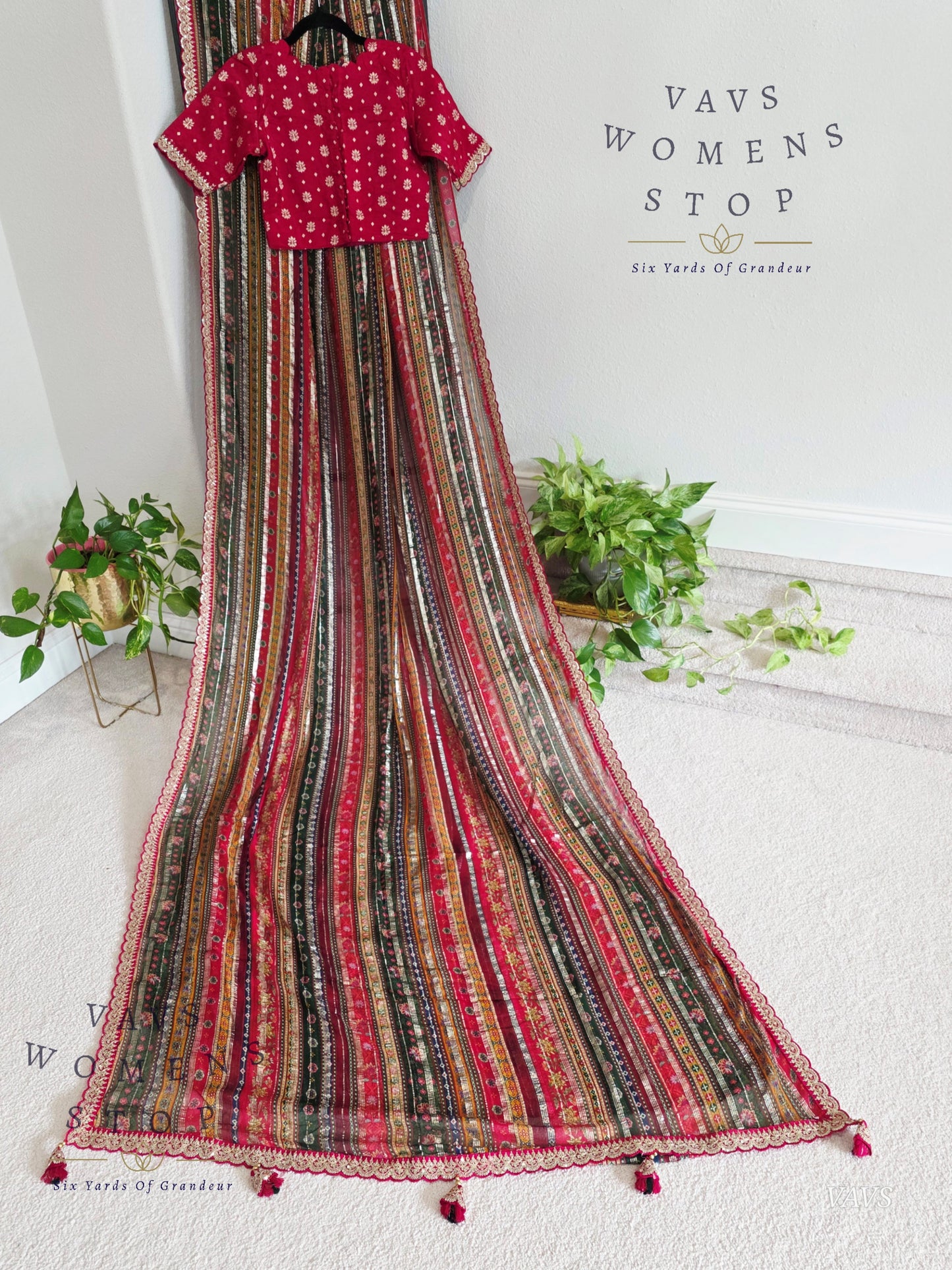 Viscose Georgette Designer Striped Saree with Lace Border with Stitched Blouse