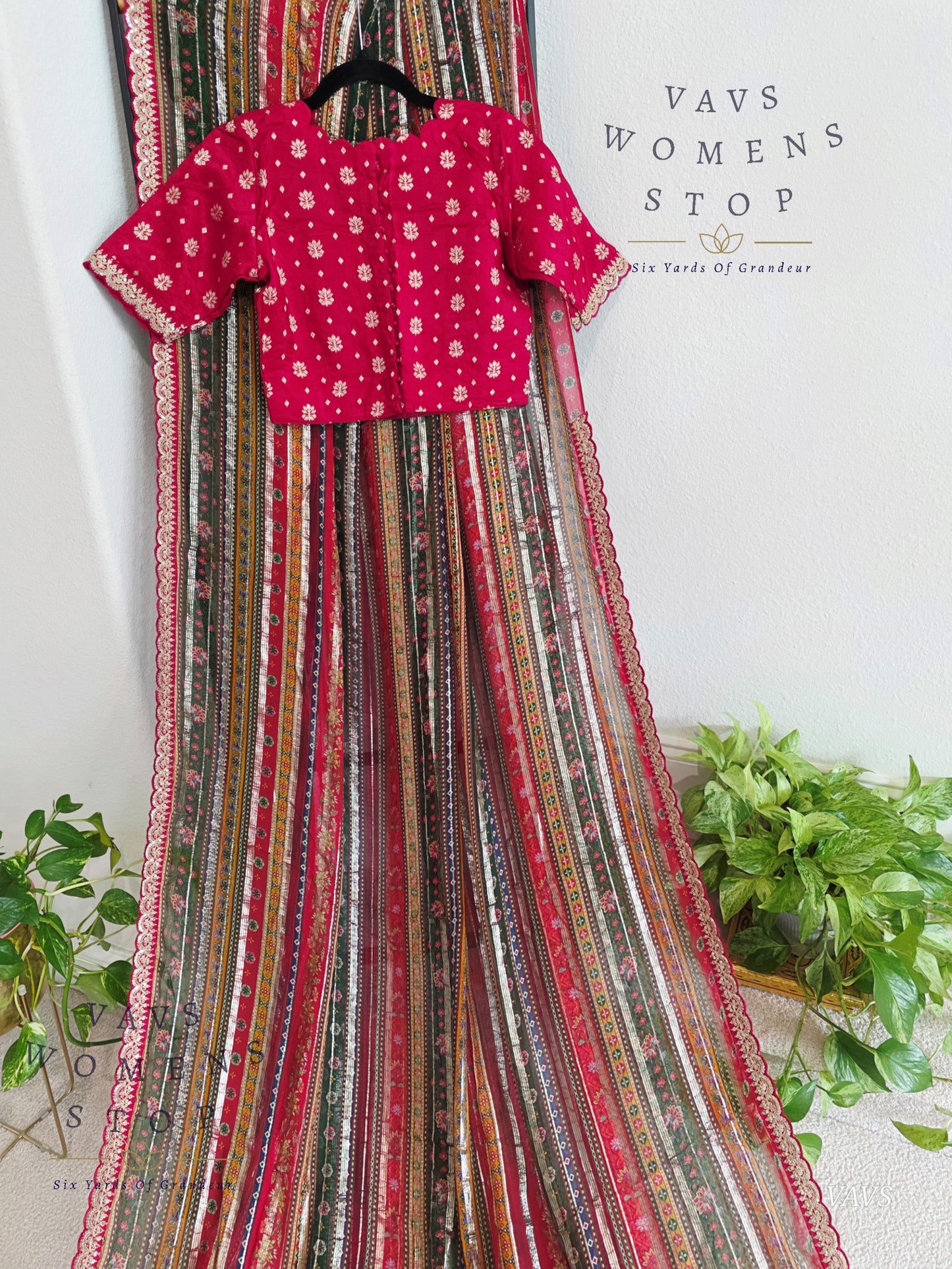 Viscose Georgette Designer Striped Saree with Lace Border with Stitched Blouse