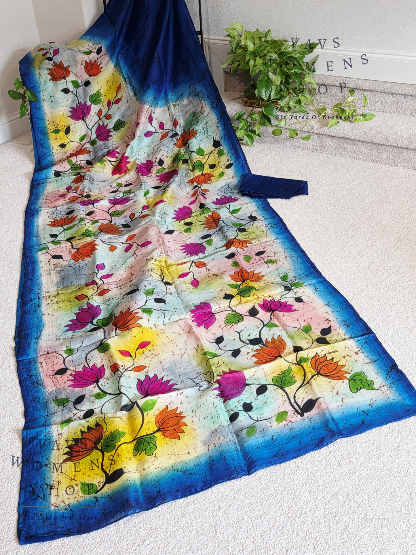 Fusion Batik & Kalamkari Floral Pure Tussar Silk Saree with Pure Jasmine Silk Stitched Blouse